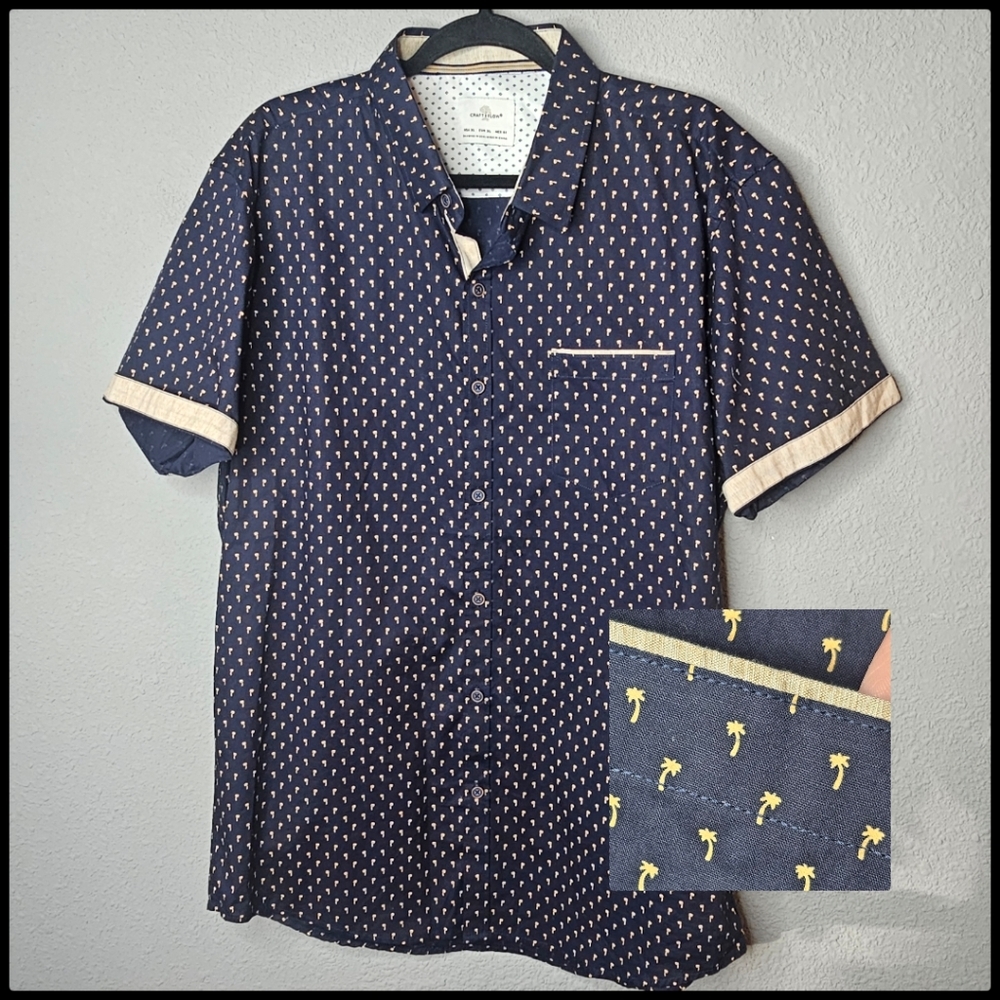 Craft‎ Flow Mens XL Short Sleeve Button Shirt Navy Beige Palm Tree Resort Wear